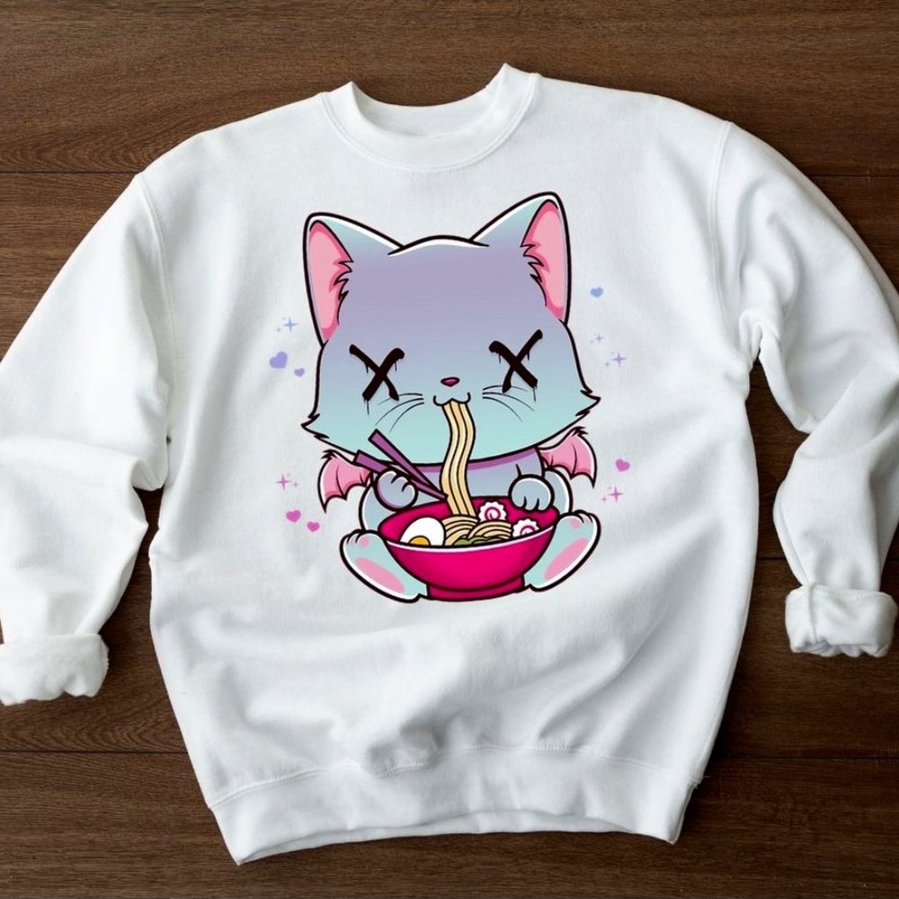 Creepy Kawaii Pastel Goth Cat Eating Ramen Sweatshirt / Hoodie